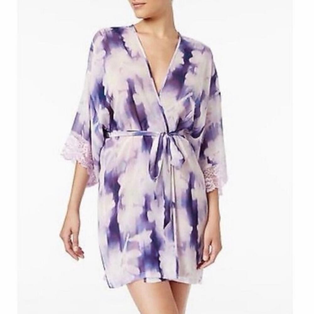 Linea Donatella Purple Floral Sheer Lace Trim Robe Cover Up S/M